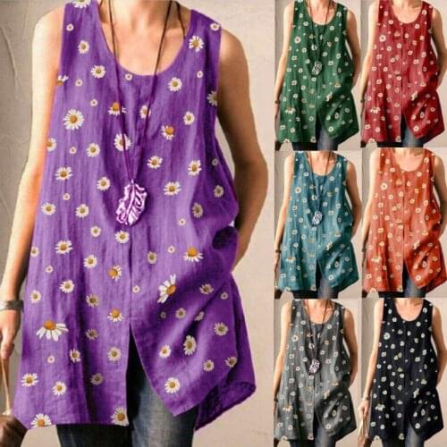 HFF 2021 Summer Spring Daisy print crew neck sleeveless split large womens T-Shirt Loose sleeveless top