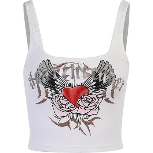 Women Stylish Heart Wing Print Rib Short T-shirt Tank Top Square Neck Sleeveless Stretchy Knitted Crop Top for Casual Daily Wear