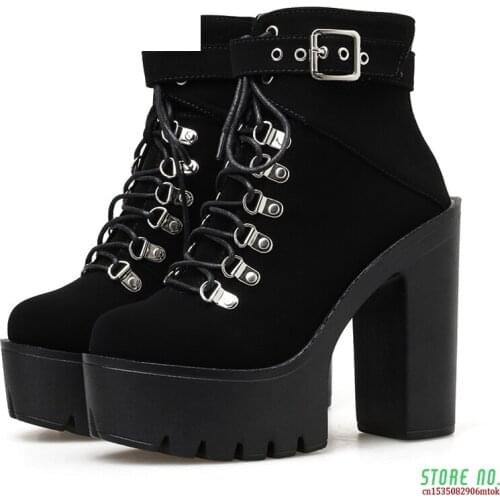 Lace Up Women Boots Platform Buckle Boot Winter Shoes Thick Heel Autmn Boots With Zipper Ankle Strap Black Suede Gothic