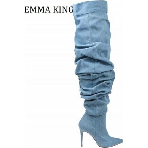 Autumn Winter Women Thigh High Boots Blue Denim Slouchy Over The Knee Boots Side Zipper Pointed Toe High Heels Women Boots 2021