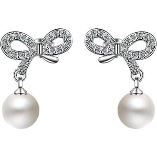 KOFSAC Fashion 925 Silver Stud Earrings For Women Anniversary Party Jewelry Simple Sweet Cute Zircon Bowknot Pearl Earring Gifts