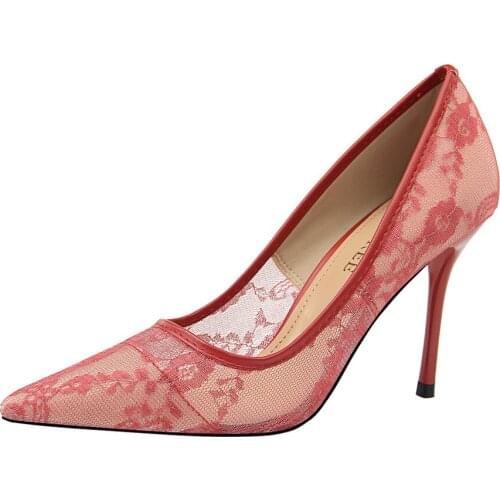 Black lace high-heeled shoes 2020 new style pointed toe with sexy mesh gauze hollow nightclub female wild single shoes