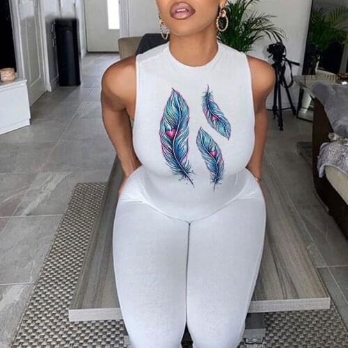 Solid Jumpsuit Blue Feather Pattern Summer 2021 Casual O Neck Sleeveless Pencil Pants Bodycon Body Sportswear Fitness Womens