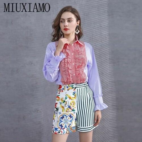 MIUXIMAO Best Quality 2020 Office Lady Fall Twinset Elegant Full Sleeve Top blue and white porcelain Print Suits Women Vestido