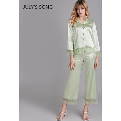 JULYS SONG Lace Pajama Sets 2 Faux Silk 2 Pieces Women Elegant Simple Satin Solid Color Lapel Spring Autumn Sleepwear Female