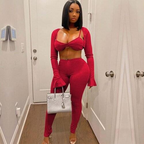 Women Sexy Three Pieces Set Workout Clothes Solid Color Tracksuits Lace-Up Bra+Cropped Cardigan Tops+Joggers Split Pencil Pants