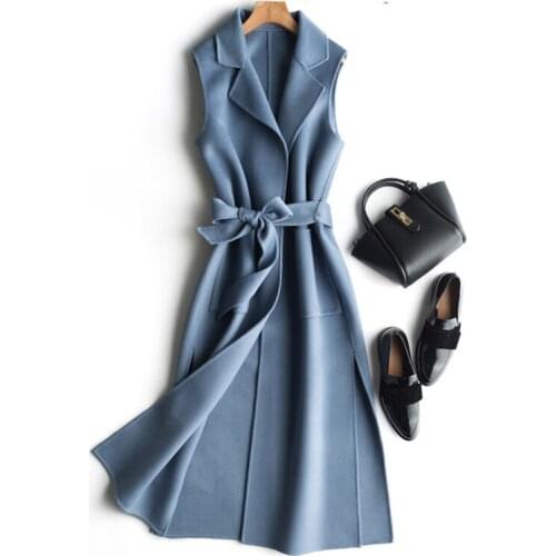 Womens Vest Wool Coat Female Long Vests With Belt Waistcoat for Women jaqueta feminina Autumn Winter Sleeveless Vests FP1402