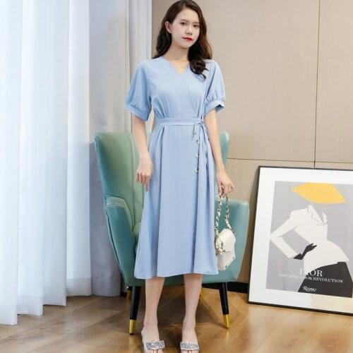 2021 Summer Short Sleeve Dress Women V Neck Solid Long Dress Ladies Lace Up Vestidos Drawstring Waist