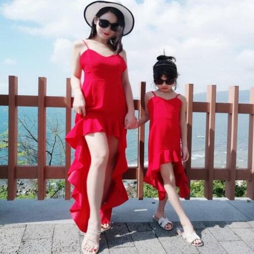 2021 New Summer Family Matching Dress Open Back Sexy Holiday Beach Boho Sling High Low Fishtail Dress Mum Daughter Suit E1291