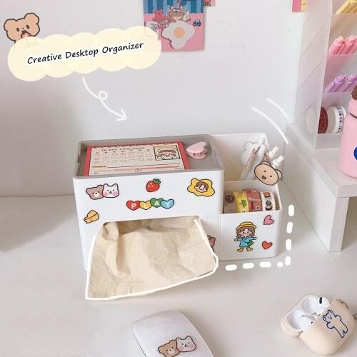 MINKYS Kawaii 2 IN 1 Multifunctional Desktop Organizer Tissue Pens Storage Box Free Sticker School Office Stationery