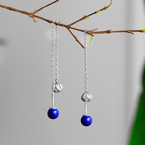 925 Sterling Silver Lotus Bud Threader Line Thread Lapis Lazuli Earrings Gift A1984