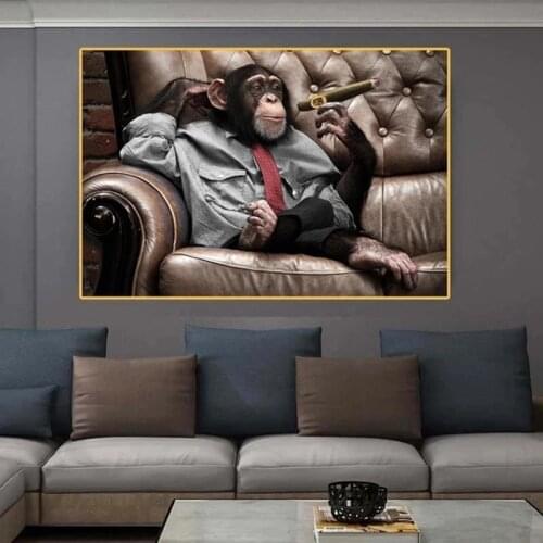 Abstract Art Monkey on Sofa Smoking Canvas Painting Animal Posters and Prints Wall Art Pictures for Living Room Home Decoration