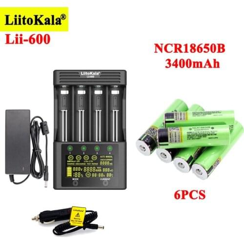 6pcs LiitoKala NCR18650B 3400mAh Rechargeable batteries with 1pcs Lii-600 Battery Charger for 3.7V Li-ion 21700 26650 1.2V NiMH