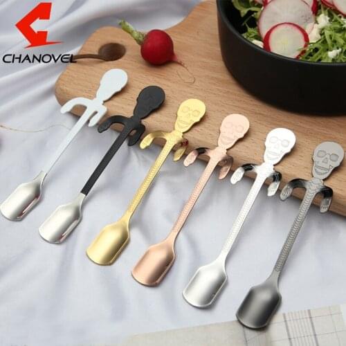 CHANOVEL 1PCS 304 Stainless Steel 12.8CM Creative Hanging Cup Cartoon Spoon Skull Handle Coffee Spoon Cream spoon