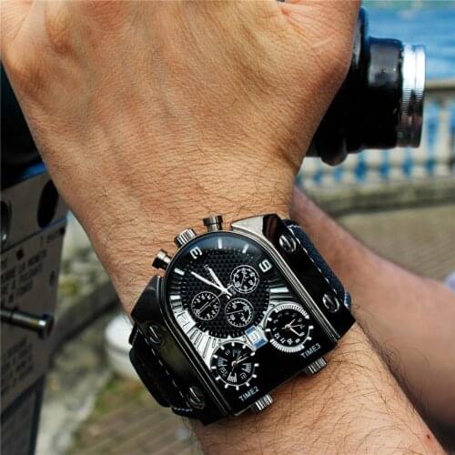 Oulm 9315 Three Time Zone Watches Casual Leather Classic Male Quartz Watch Unique Design Mens Outdoor Sport Wristwatches