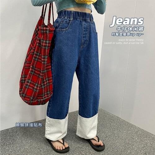 Girls' jeans 2021 spring new girl loose wide-leg pants cuffed straight trousers