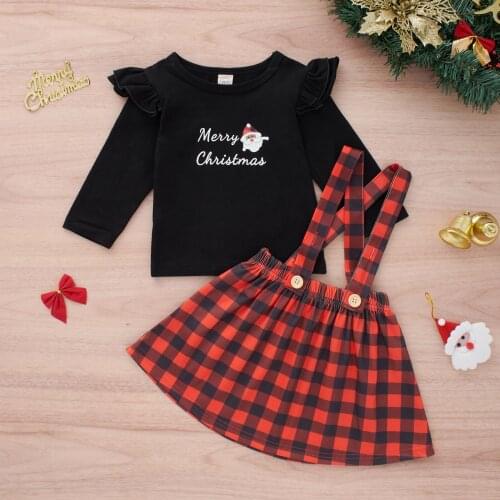 FOCUSNORM 0-5Y Lovely Baby Girls Christmas Clothes Sets 2pcs Santa Printed Long Sleeve T Shirts Tops Plaid Suspender Skirt
