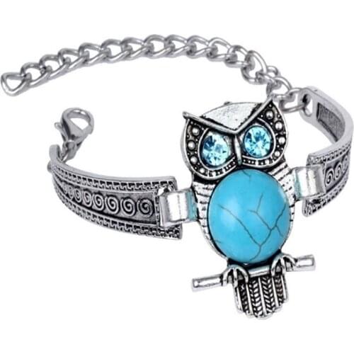 FYJS Unique Silver Plated Wisdom Owl with Green Turquoises Stone Bracelet Fashion Jewelry