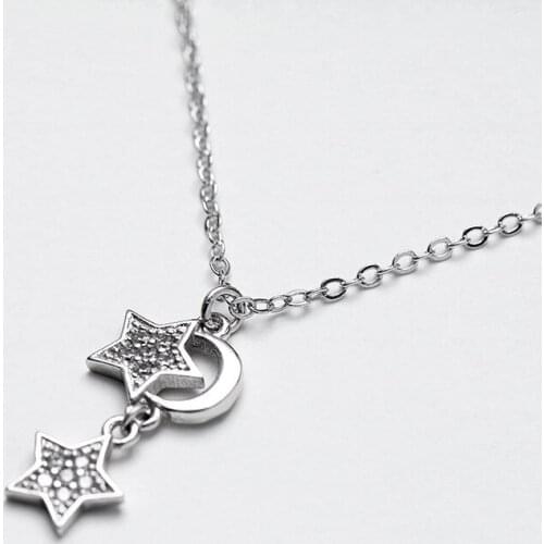 Real Sparkling Moon and Two Stars Exquisite Pendant Choker Necklace For Women Jewelry Gift
