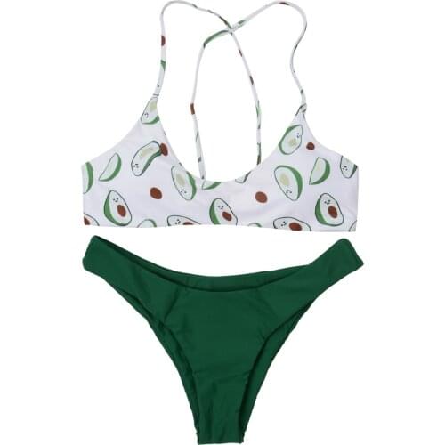 Avocado Printed Swimwear Women Summer Split Beach Swimsuit Female Lace Up Sexy Backless Bikini Bathing Suit