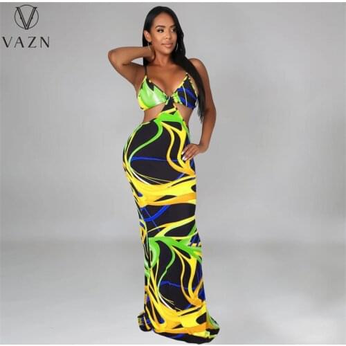 VAZN 2021 Geometric Elements Print Vintage Sleeveless Dress Casual Young Chiffon Slim Young Women Maxi Dress