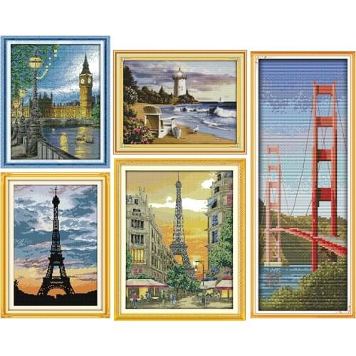 Building scenery series DIY Cross Stitch kits 14CT printed parterns DMC fabric on canvas Chinese Embroidery Gift Home decoration