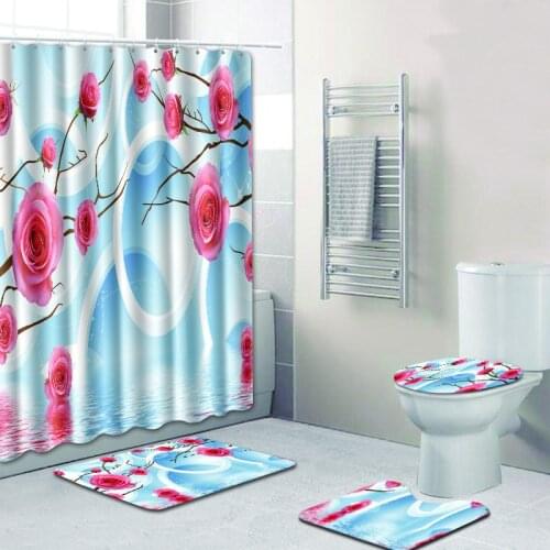 4pcs Floral Bath Mat and Shower Curtain Set Bathroom Foot Mat Toilet Pedestal Rug Shower Room Non Slip Floor Mat
