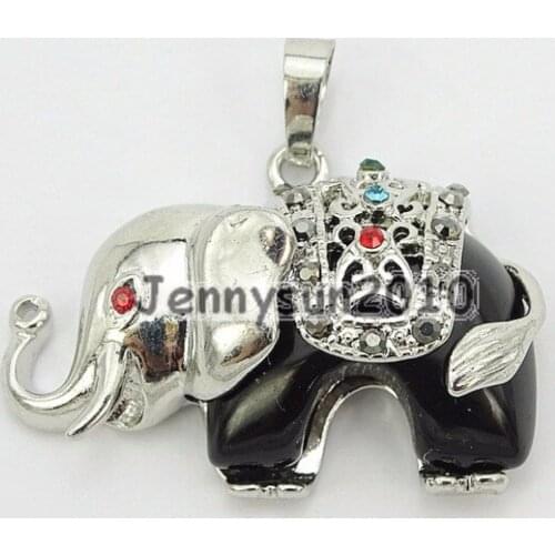 Natural Black Onyx Gems Stone Elephant Reiki Chakra Healing Pendant Charm Bead Silver Plated Healing Jewelry Design 10Pcs/Pack