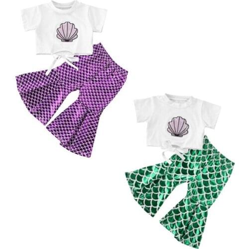 2-6Y Girls Fashion Shell Printed Lace up Short Sleeve Top +Cute Mermaid Fish Scales Bell-bottomed Pants Two Piece Set