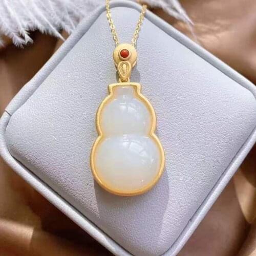 Natural Hetian jade gourd plant Pendant Necklace Chinese style retro unique ancient gold craft charm womens brand jewelry