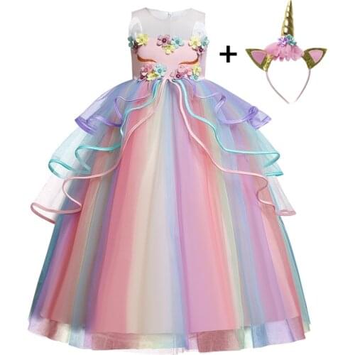 Dress With Hairbow Cute Girls Ankle-Length Cosplay Unicorn Dress Tulle Flower Rainbow Pastel Tutu Children Christmas Costume