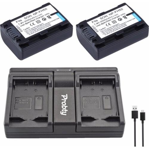 Probty 2Pcs NP-FH50 NP FH50 Battery + USB Dual Charger For Sony A230 A290 A390 DSC-HX1 HX100 HX200 HDR-TG1E TG3 TG5 TG7 Camera