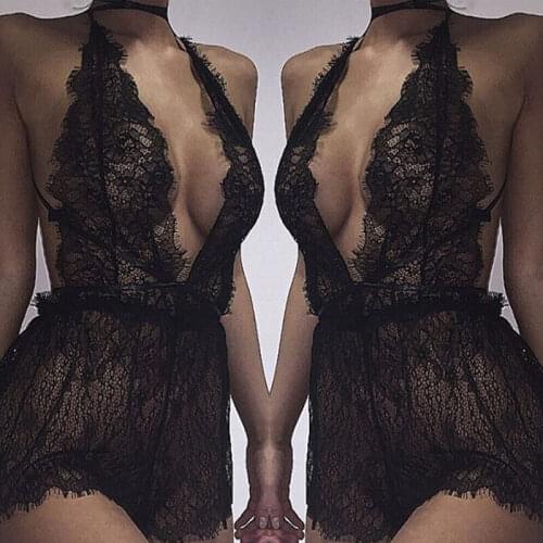 Sexy Women Chemises Lace Lingerie Bodydoll Nightwear Soft Backless Sleepwear Deep V-Neck Halter Exotic Apparel Bodysuits