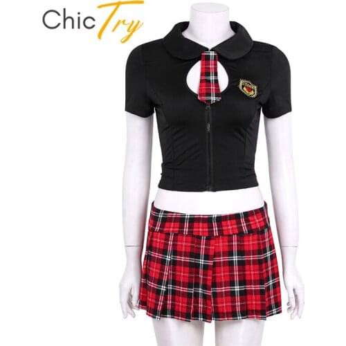 ChicTry Short Sleeves Lace Up Tops with Plaid Pleated Mini Skirt G-string Set Women Cosplay Students School Girls Sexy Costumes