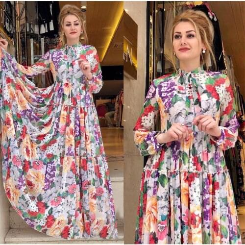 VAZN 2021 New Plus Size High-end Retro Print Vacation Young Holiday Chiffon Long Dress High Waist Women A-line Maxi Dress