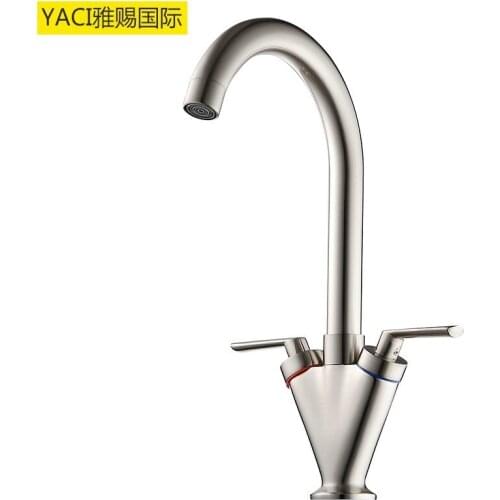 Vidric Drawing process double kitchen hot and cold faucet brushed double handle mixer sink faucet