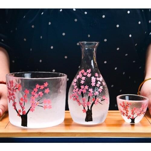Japanese Hand-painted Sakura Vintage Wine Cup Split Creative Hammer Glass Wine Pot Liquor Set wine glass set shot glasses set