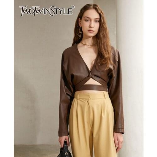 TWOTWINSTYLE Vintage PU Leather Jacket For Women V Neck Long Sleeve Hollow Out Short Jackets Female Fashion New Clothing 2021