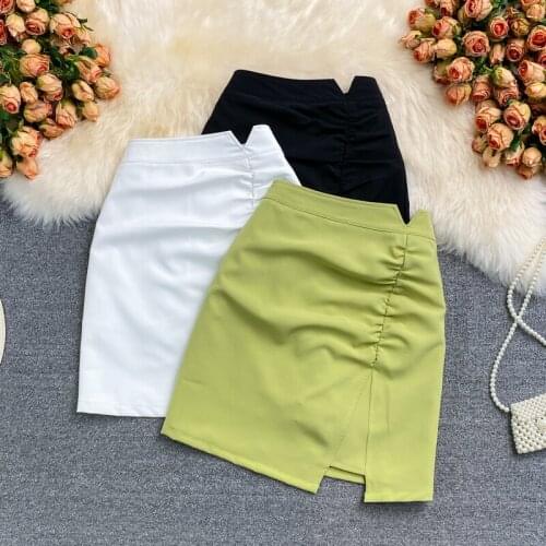 Mini Skirts for Women High Waist 2021 Fashion Casual Back Zipper Folds Side Slit A Line Short Skirt Green White Black