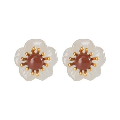 S925 Sterling silver gold plated Southern red agate Hetian jade Ear studs Retro All-matching Plum blossom Womens earrings