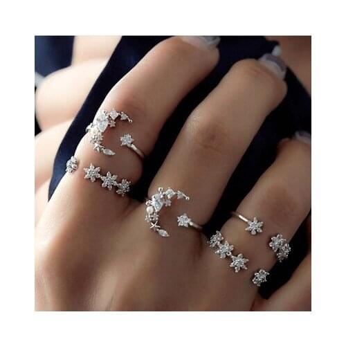 Five-piece Set Female Retro Star Moon Crystal Joint Ring