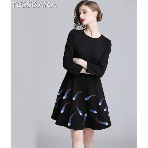 TESSCARA Women Spring Elegant Embroidery Short Dress Festa Female High Quality Vintage Designer Vestidos Office Black Robe Femme