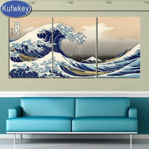 Diamond Embroidery 3 Pieces Katsushika Hokusai Great Wave Off Kanagawa Views Of Mount Fuji diamond Painting Wall Art Picture