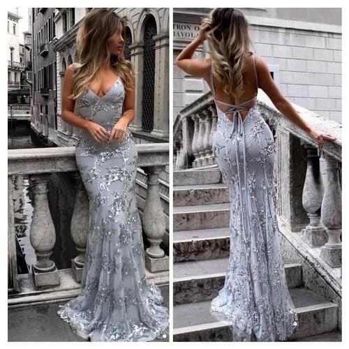 Glitter Arabic Mermaid Evening Dress Silver Navy Blue Backless Evening Gowns Fitted V Neck Sexy Prom Dresses Cheap Under 50