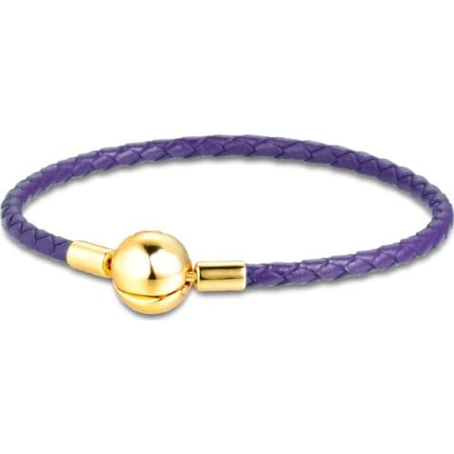 925 Sterling Silver Charm Bracelets Shine Clasp Bright Purple Single Leather Bracelet for Women DIY Charms Jewelry pulseras
