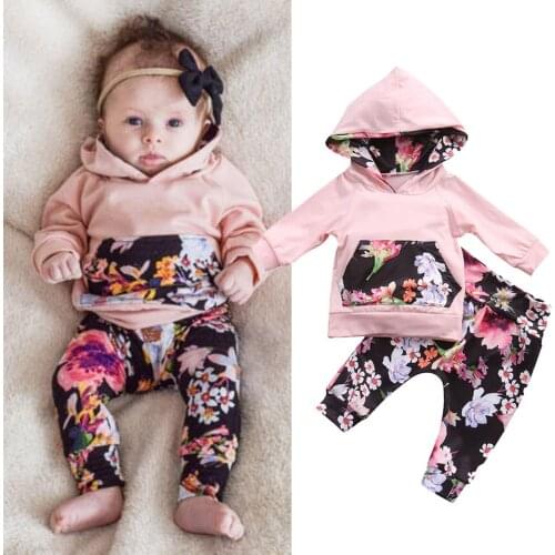 Brand Newborn Baby Girls Clothes Toddler Flower Print Hooded Tops T-shirt Pants Leggings 2pcs Outfit Winter Clothes Set 0-24M