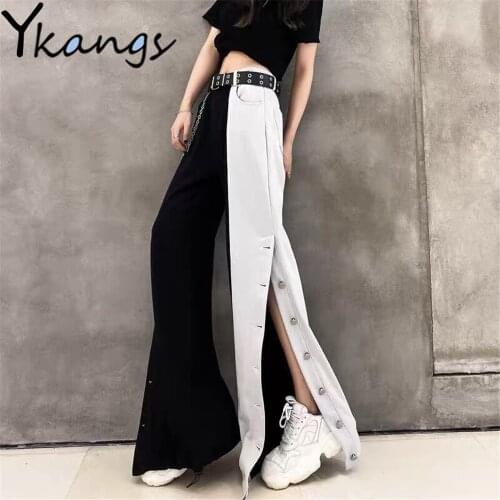 Harajuku Design High Waist Wide Leg Casual Pants Black White Splicing Dark Style Suit Trousers WomenS Summer Streetwear Gothic