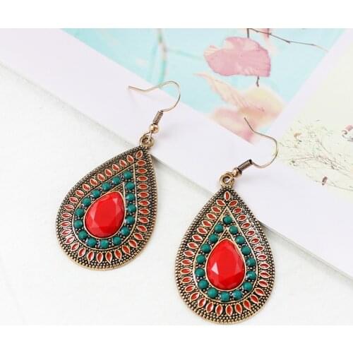 Classic Bohemian Ethnic Gorgeous Leaves and Water Drops Shape with Leaf Beads Crystal Carved Metal Female Earrings For Women