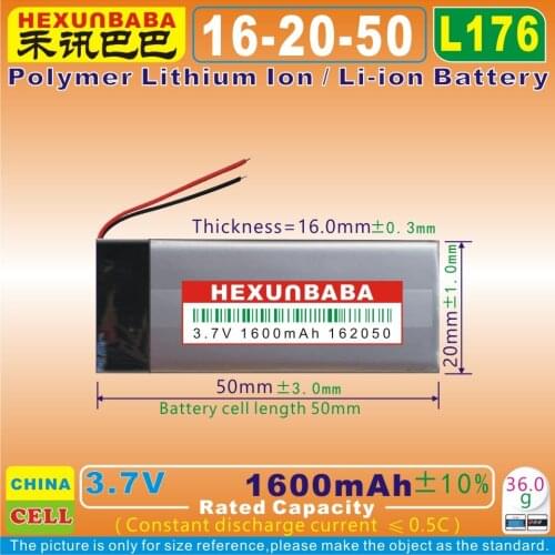[L176] 3.7V 1600mAh [162050] Polymer lithium ion / Li-ion battery for mp3,mp4,BLUETOOTH earphone