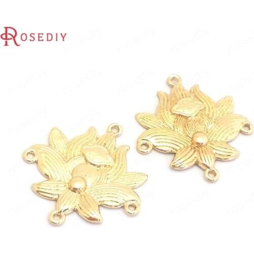 39592)10PCS 22.5x23.5MM 24K Gold Color Brass 4 Holes Lotus Connect Charms Pendants Jewelry Making Supplies Diy Accessories